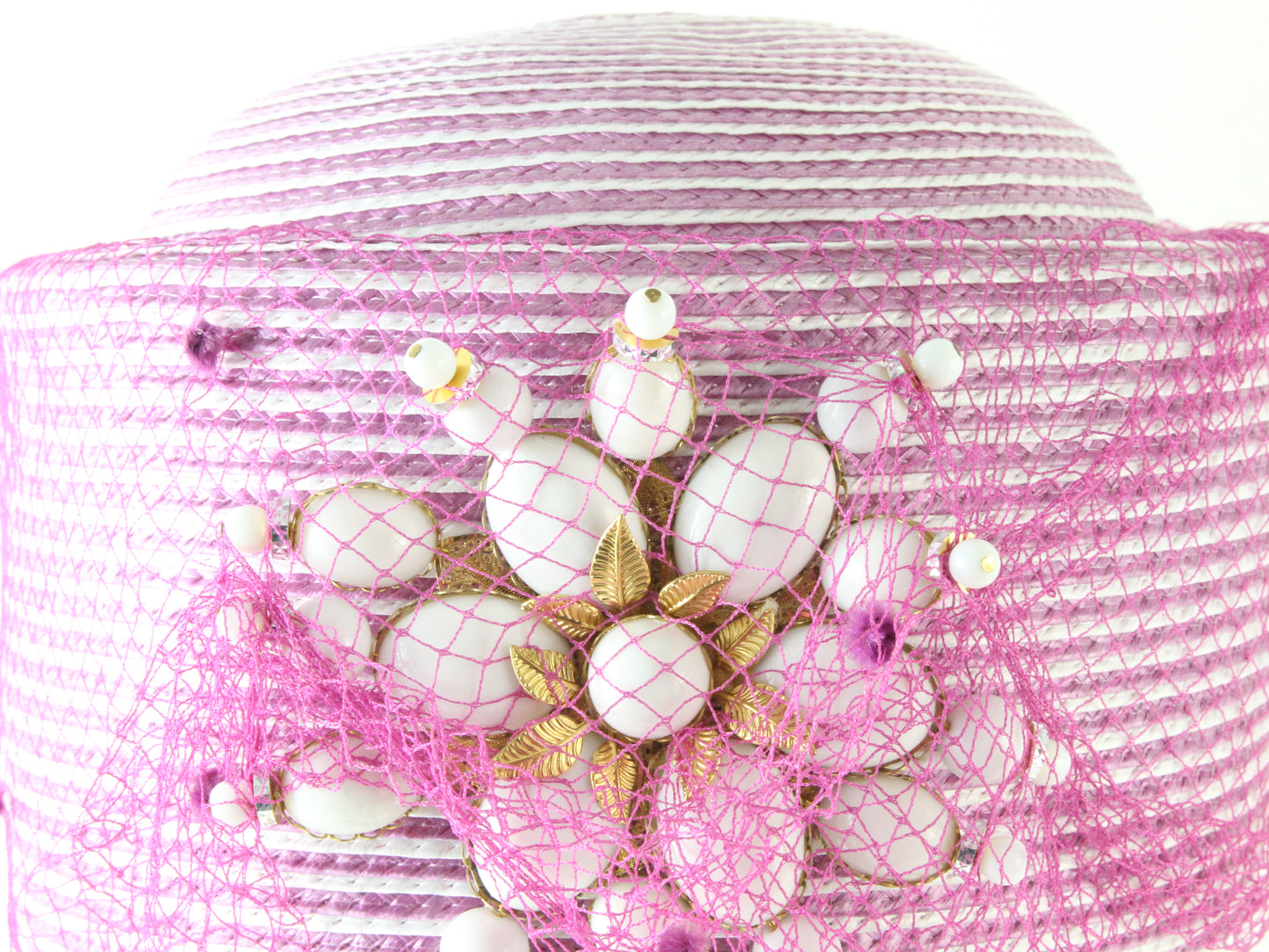 Don Anderson Ladies Boutique White and Fuchsia Striped Hat W/ Beads 7 1/8 57cm