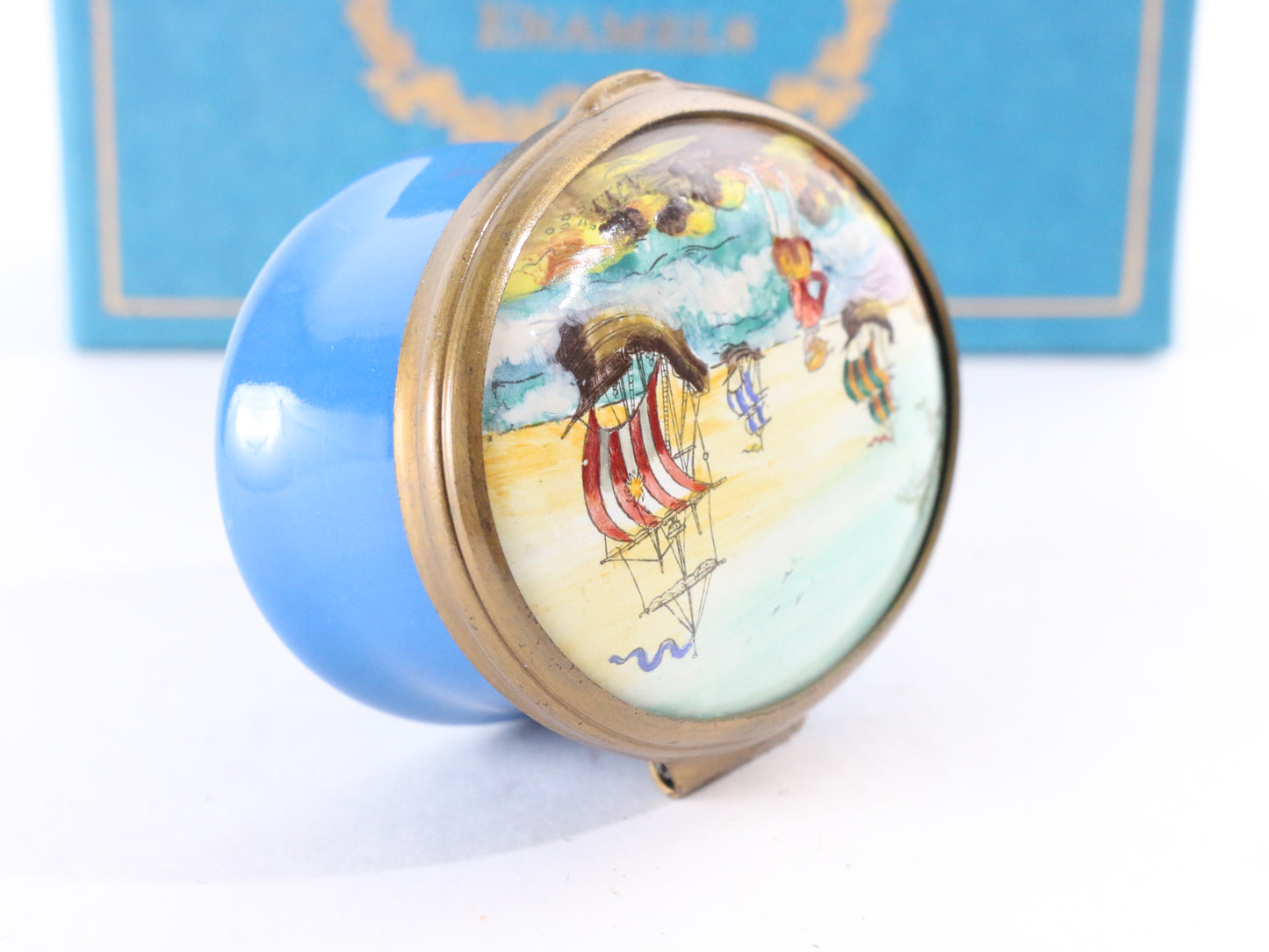 1972 Halcyon Days Christmas Battersea Enamel Oval Box 3 Ships Sailing LOW #11