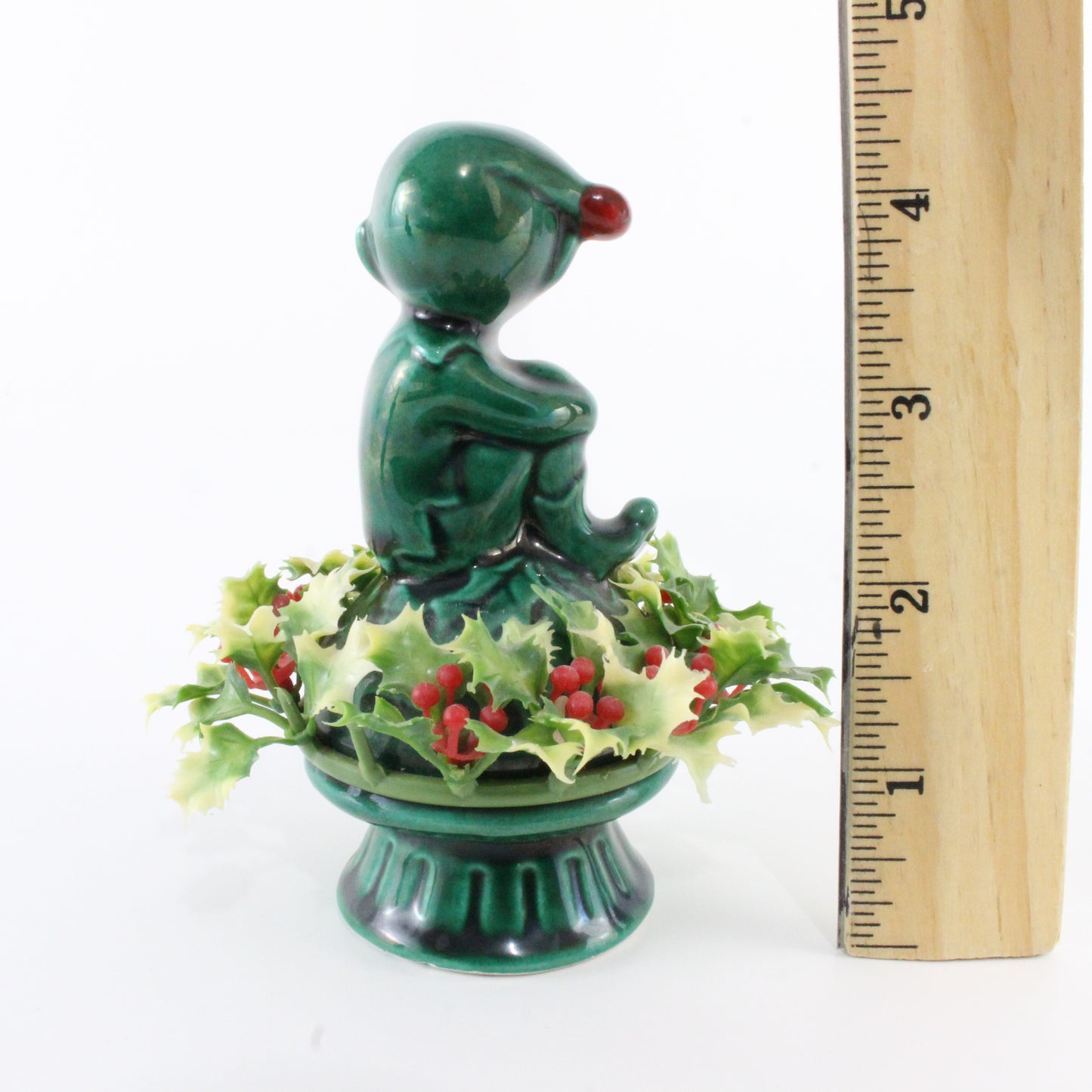 Vintage Ceramic Pixie Holly Leaf W/ Cap + Holly Leaves Inarco Japan 4.5 In