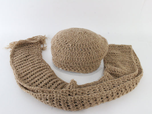 Hand Knitted Round Brown Ladies Hat 6 3/4 54cm & 70��� Scarf