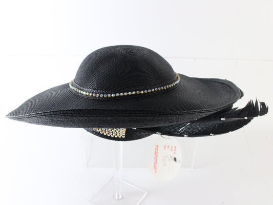 George Zamaul New York Ladies Black Straw Hat W/ Rhinestones 7 1/8 57cm