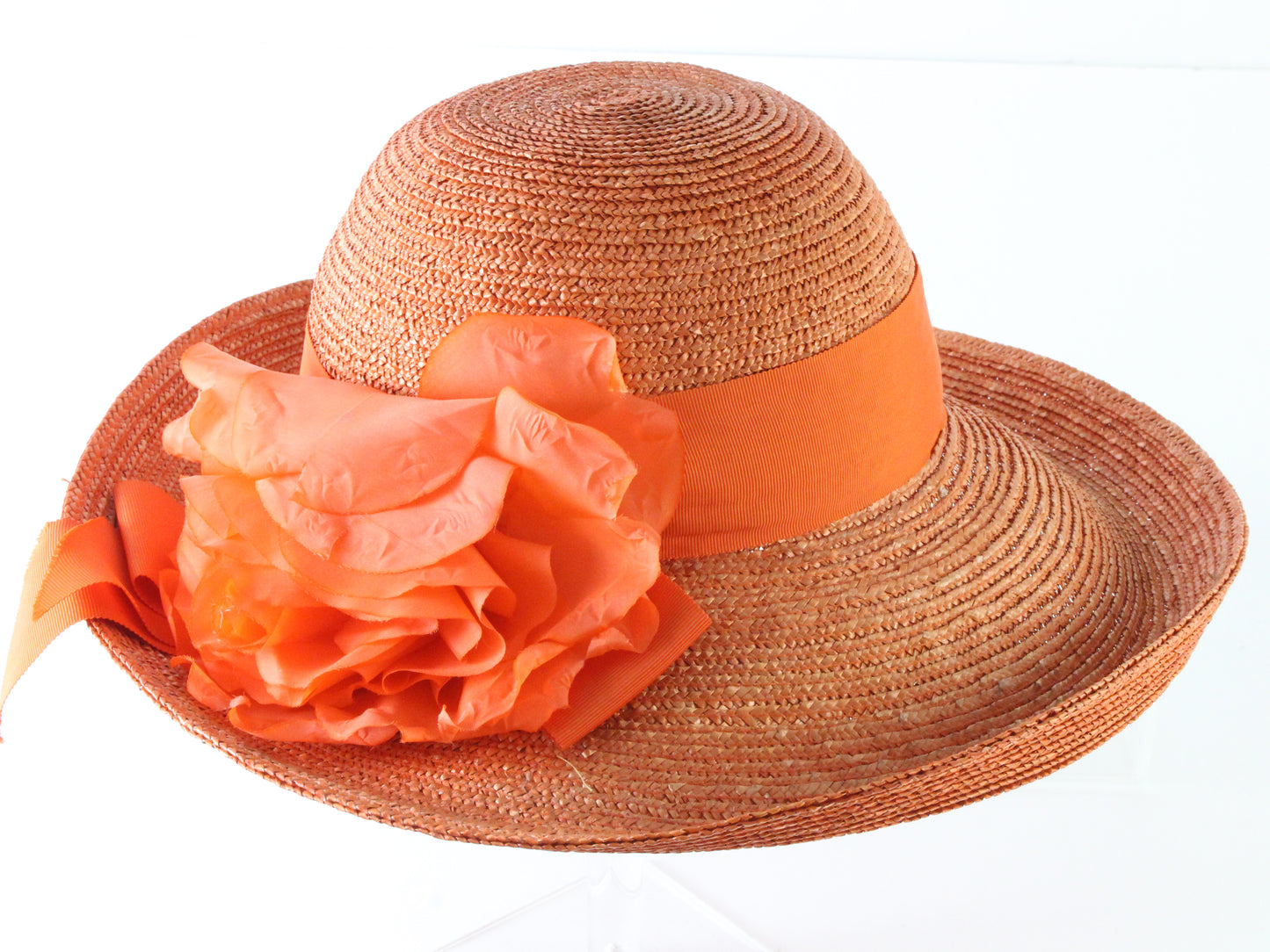 Frank Olive Private Collection Ladies Orange Straw Hat W/ Flower 7 56cm