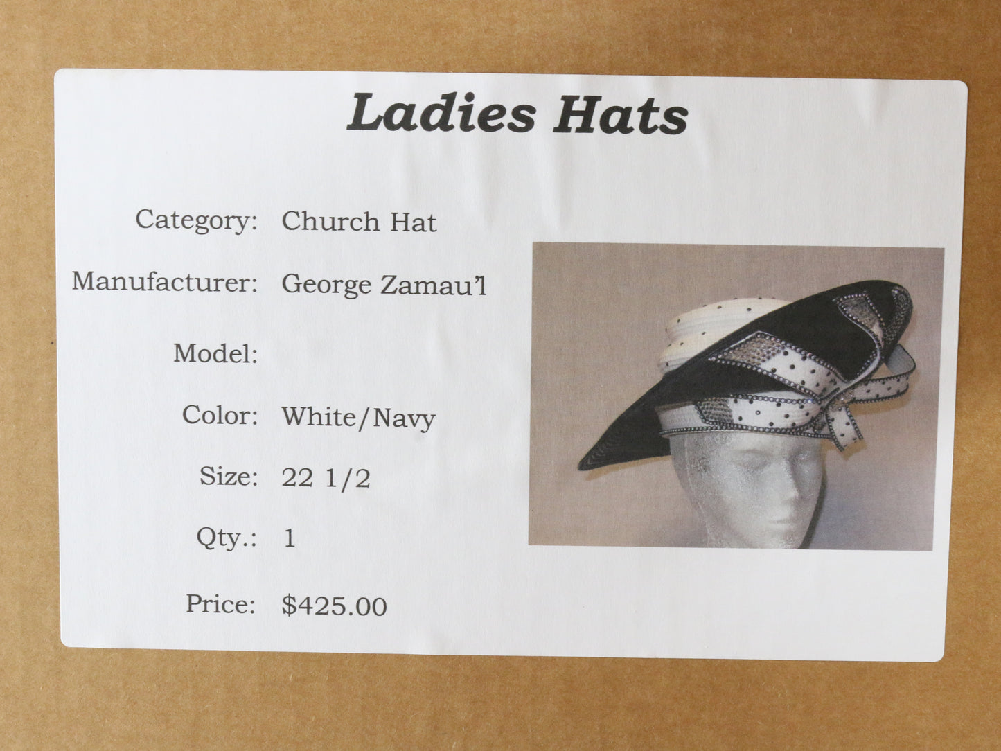 George Zamaul Couture Ladies Black and White Boutique Hat W/ Rhinestones 7 56cm