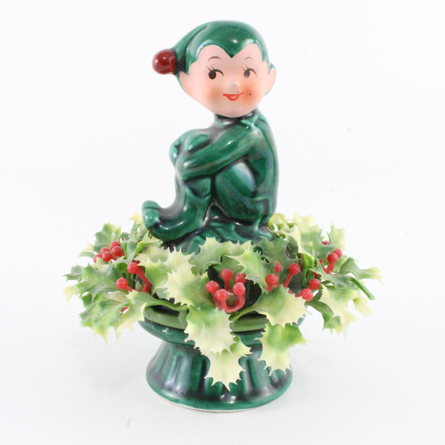 Vintage Ceramic Pixie Holly Leaf W/ Cap + Holly Leaves Inarco Japan 4.5 In