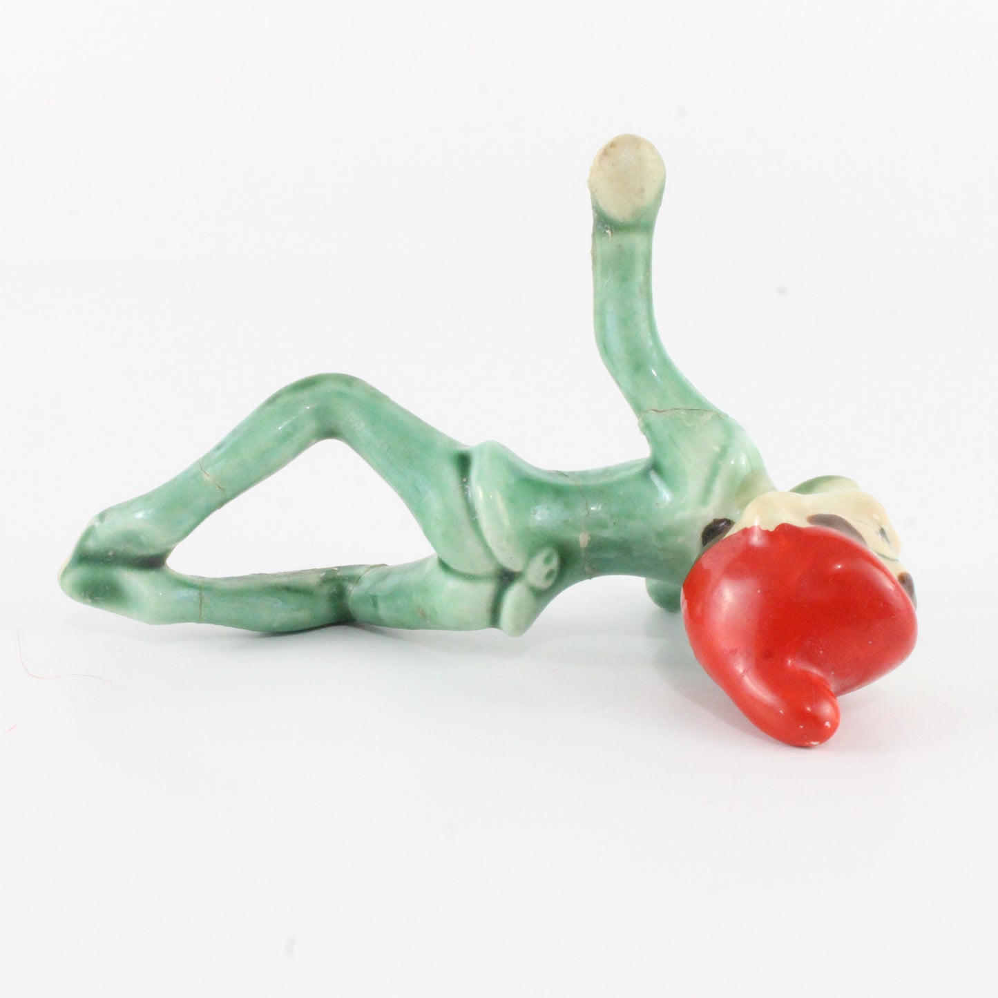 Vintage Green Suit W/ Red Hat Crawling Ceramic Pixie Japan 5 In