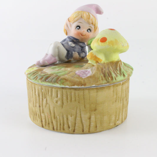 Vintage Pixie Elf With Mushroom Ceramic Trinket Box With Lid 3 In