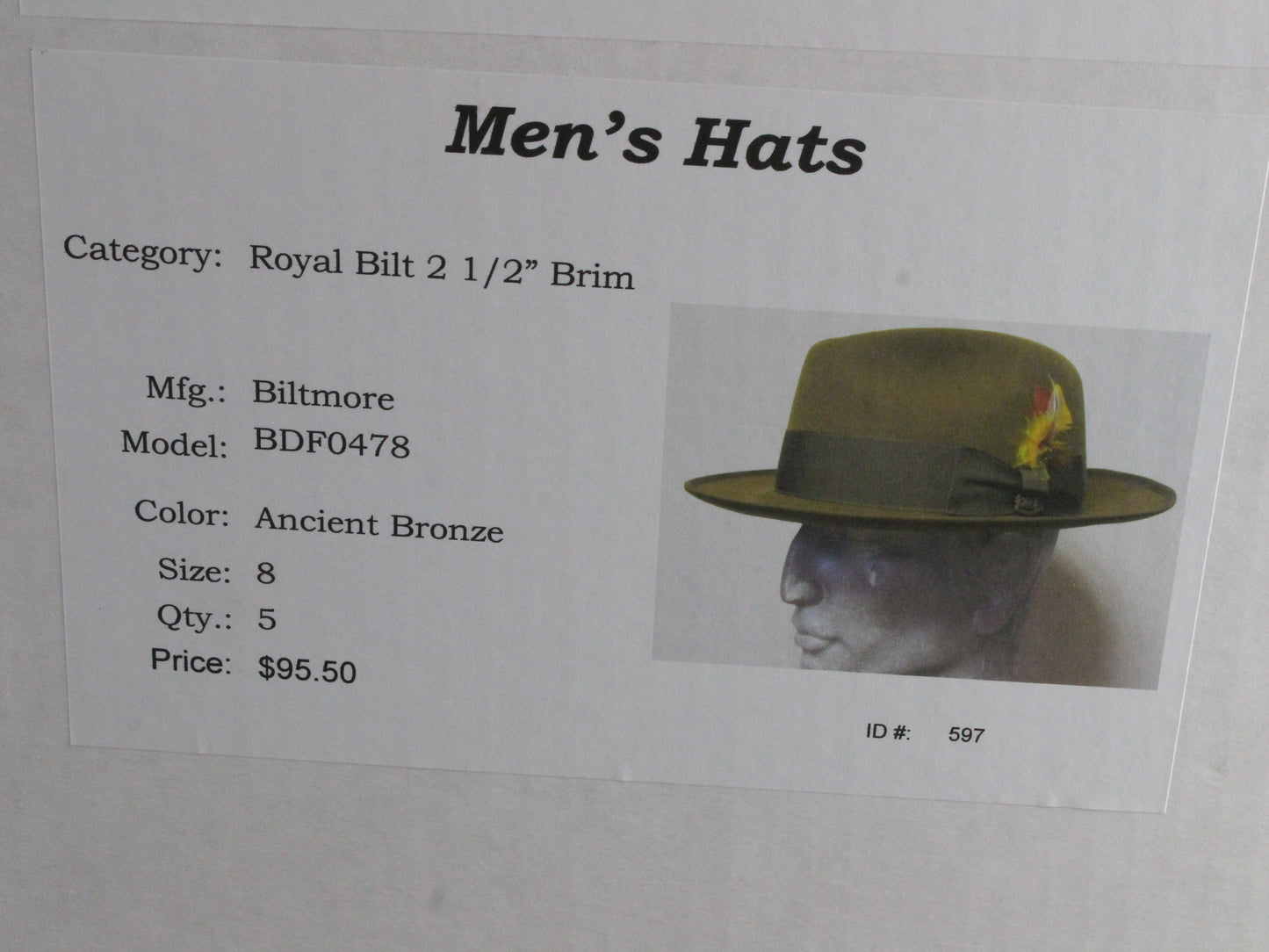 Royal Biltmore Mens Ancient Bronze Brown Felt Fedora W/ Feathers 8 64cm