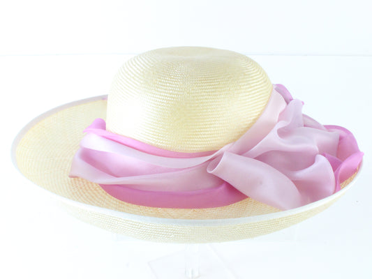 Bailey Tomlin London Ladies Tan Straw Hat W/ Pink Satin Organza Ribbon 7 56cm