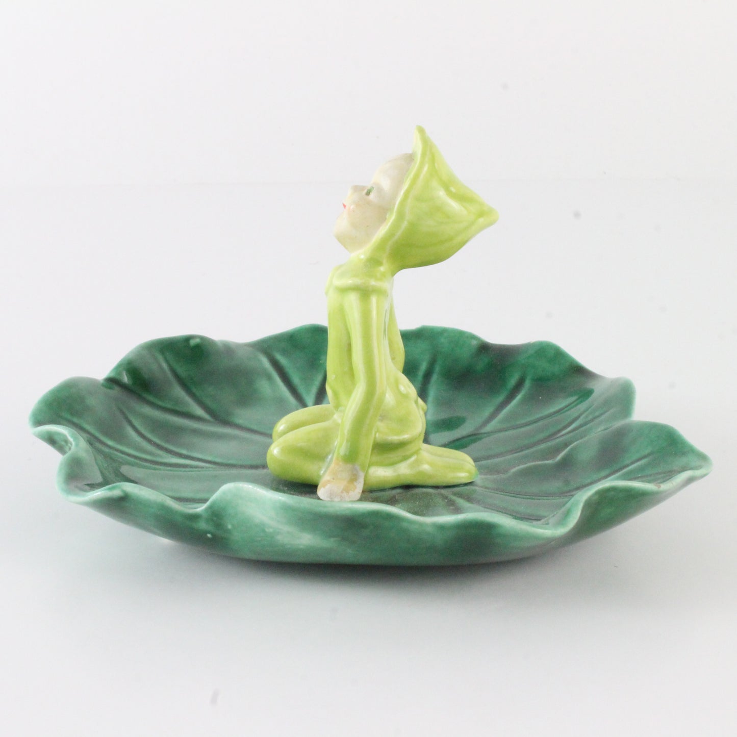 Vintage Green Pixie Elf Seated On Leaf Ceramic Jewelry Tray 5 In