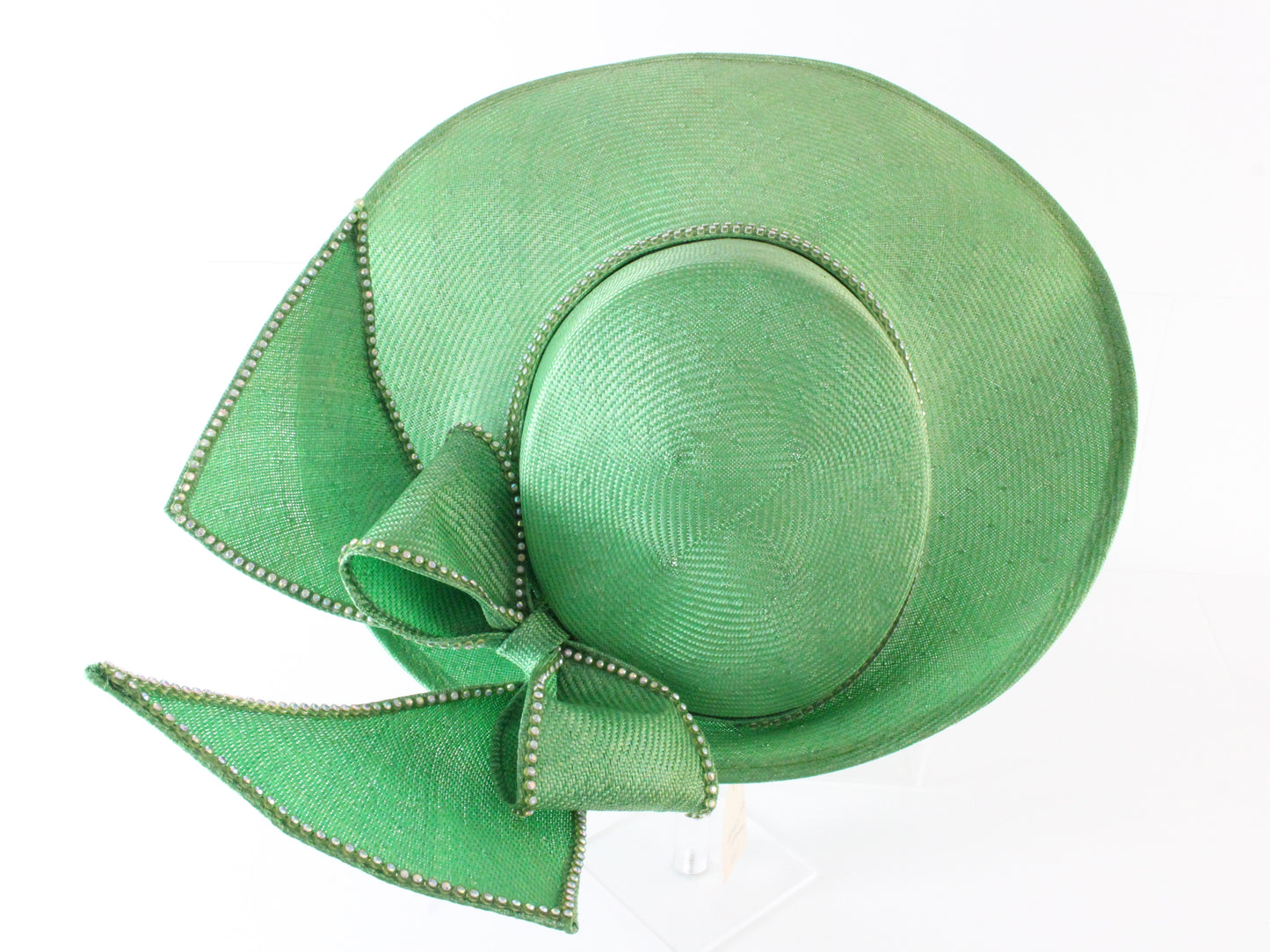 Jack Mcconnell New York Ladies Green Straw Hat W/ Rhinestones 7 1/8 57cm