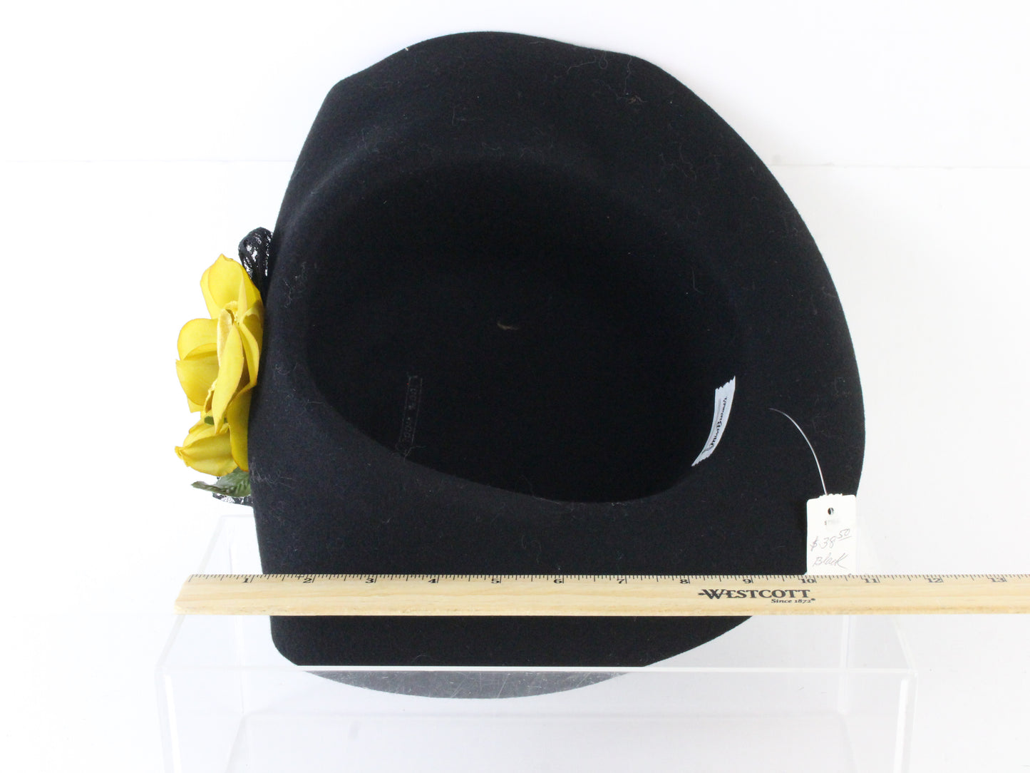 Miss Bierner Ladies Elegant Black Wool Felt Hat W/ Yellow Flower 7 1/4 58cm