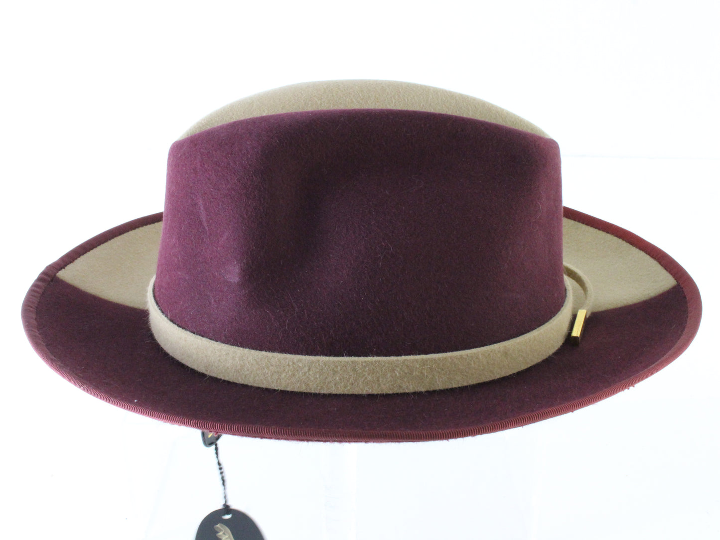 Borsalino Italian Fancy Boutique Ladies Beige Burgundy 2 Tone Felt Hat Size: M