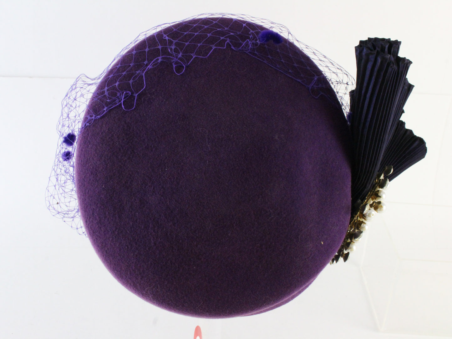 Sandra New York Elegant Purple Wool Felt Ladies Dress Hat W/ Beads 7 56cm