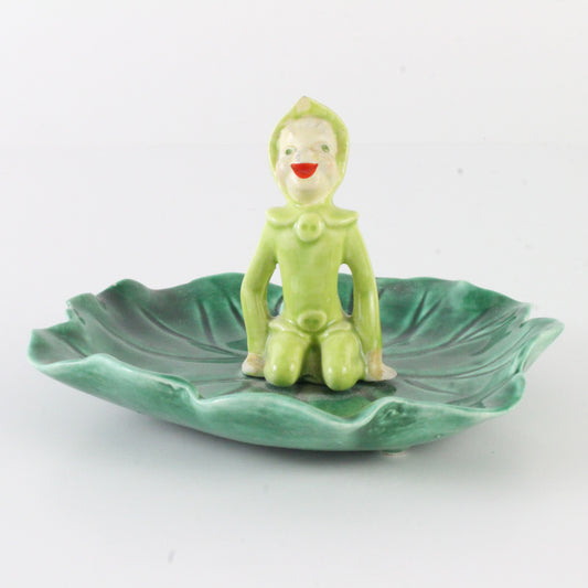 Vintage Green Pixie Elf Seated On Leaf Ceramic Jewelry Tray 5 In