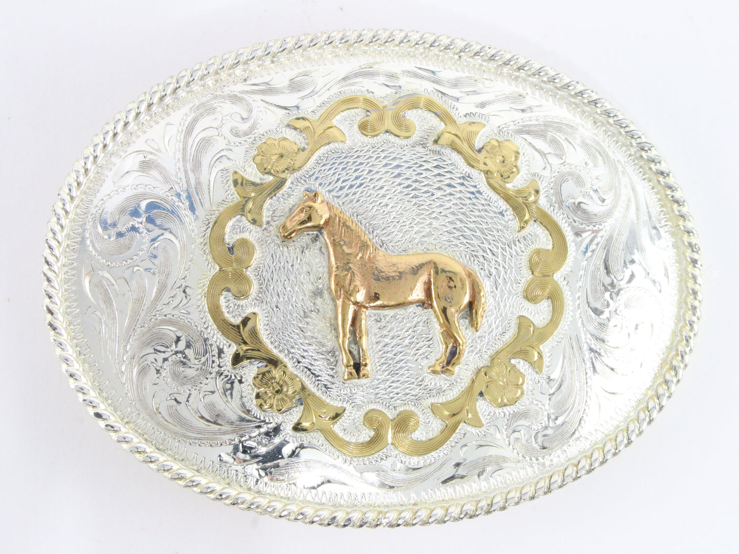 Silver & Gold Horse Metal Vintage Belt Buckle Mexico 4"