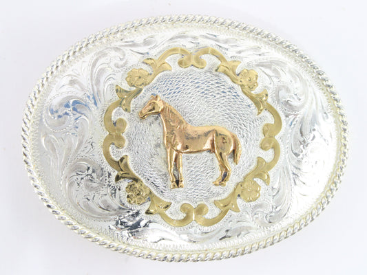 Silver & Gold Horse Metal Vintage Belt Buckle Mexico 4"