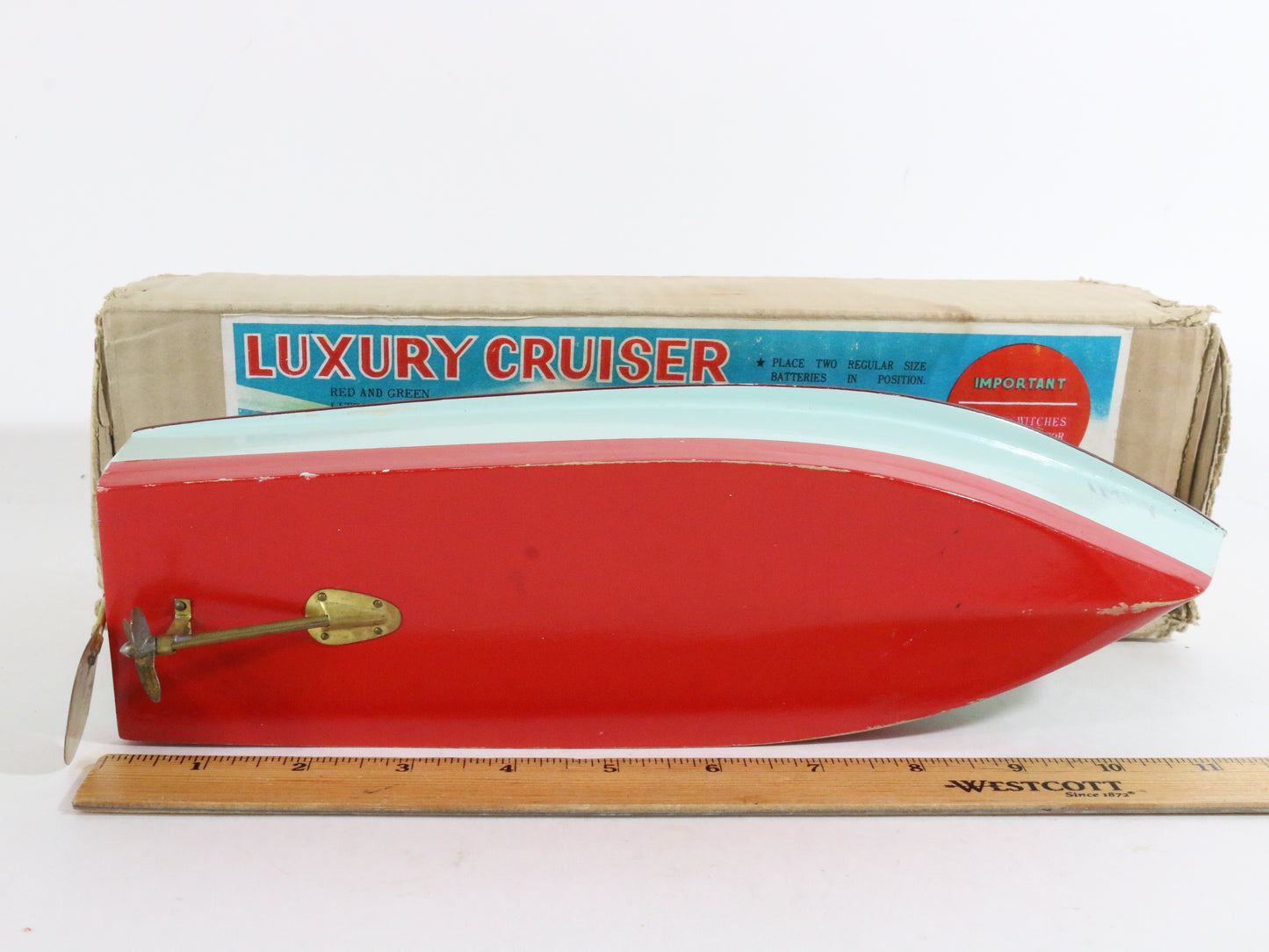 Vintage Blue Red Brown Luxury Cabin Cruiser Wooden Boat Japan IMP IMPY 12"