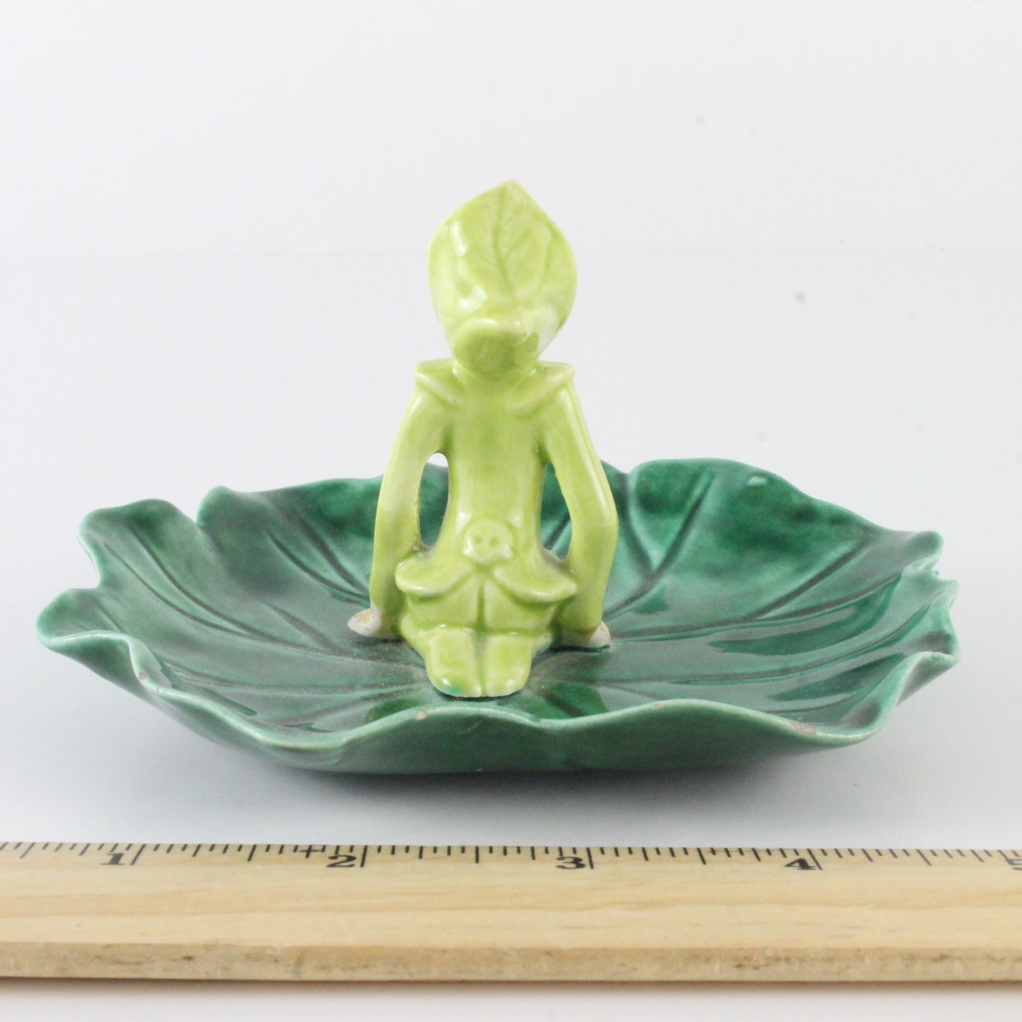 Vintage Green Pixie Elf Seated On Leaf Ceramic Jewelry Tray 5 In