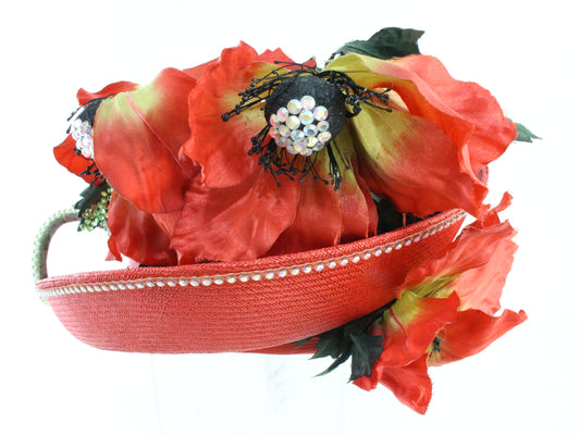 Jack Mcconnell New York Ladies Boutique Red Straw Like Hat W/ Flowers 7 1/8 57cm