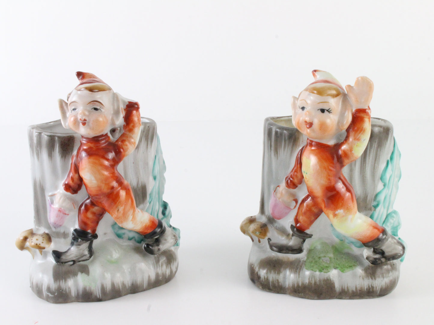 Vintage Red Pixie Elf Ceramic Planter Lot Of 2 Occupied Japan 4.5 In