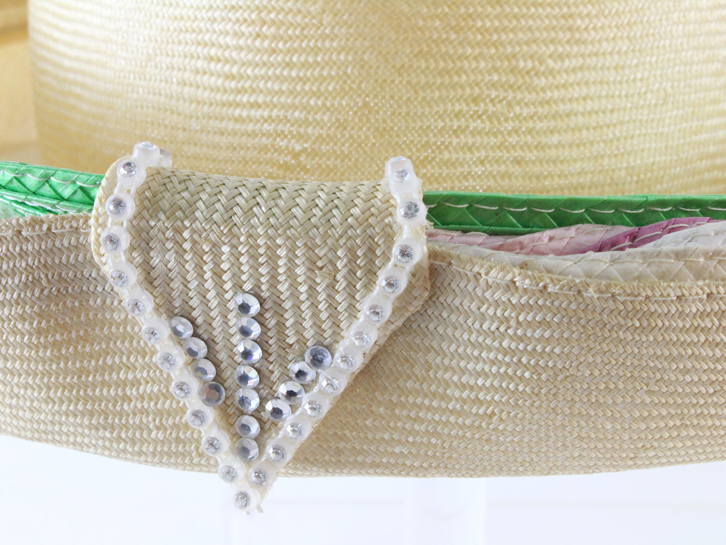 Jack Mcconnell Ladies Natural White Straw Like Hat W/ Pink and Green 7 1/8 57cm