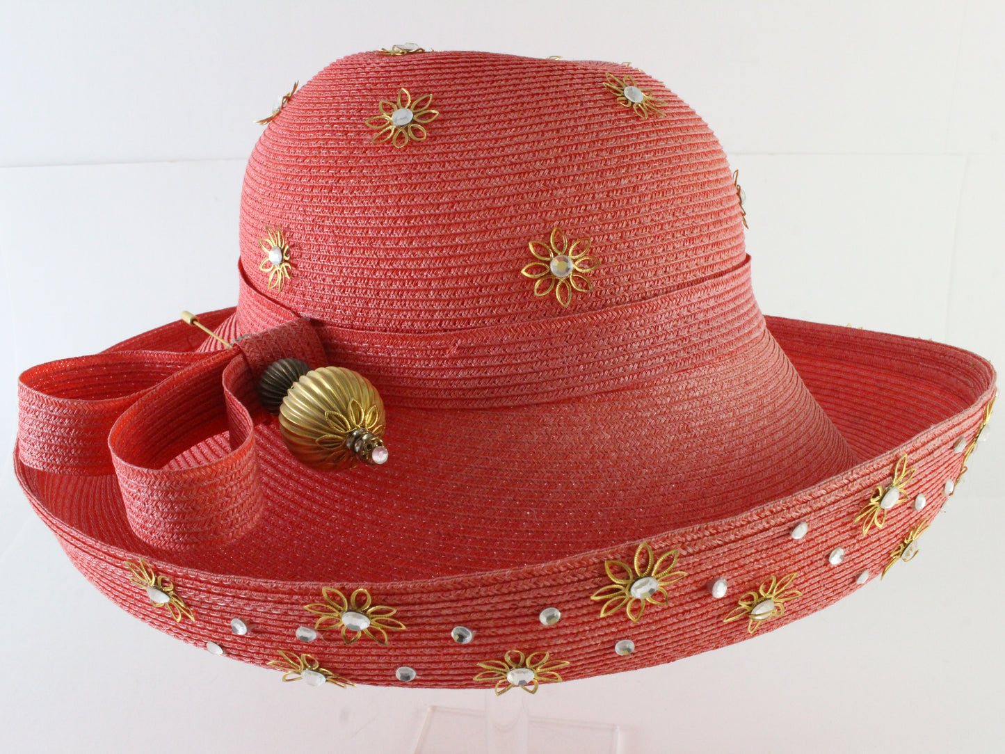 Tim Crawford Ladies Red Boutique Hat W/ Gold Flowers and Rhinestones 6 7/8 55cm