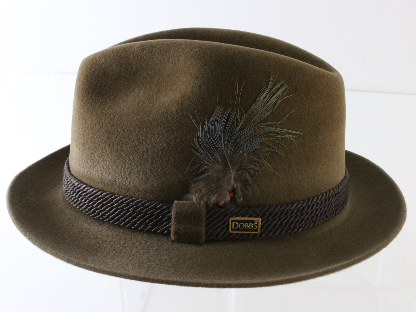 Dobbs Fifth Ave Hunter Mt Mens Brown Felt Fedora W/ Feather and Pin 7 3/8 59cm