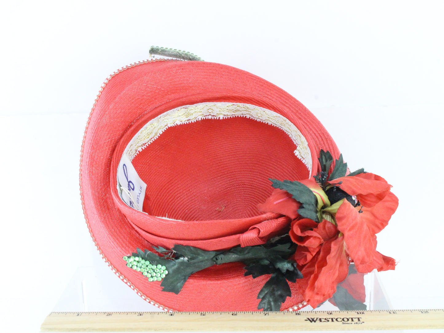 Jack Mcconnell New York Ladies Boutique Red Straw Like Hat W/ Flowers 7 1/8 57cm