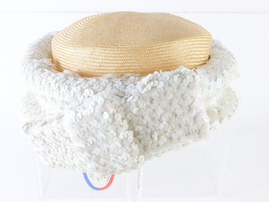 Mr John Classic Ladies White And Pink Pillbox Straw Hat W/ Sequins 6 7/8 55cm