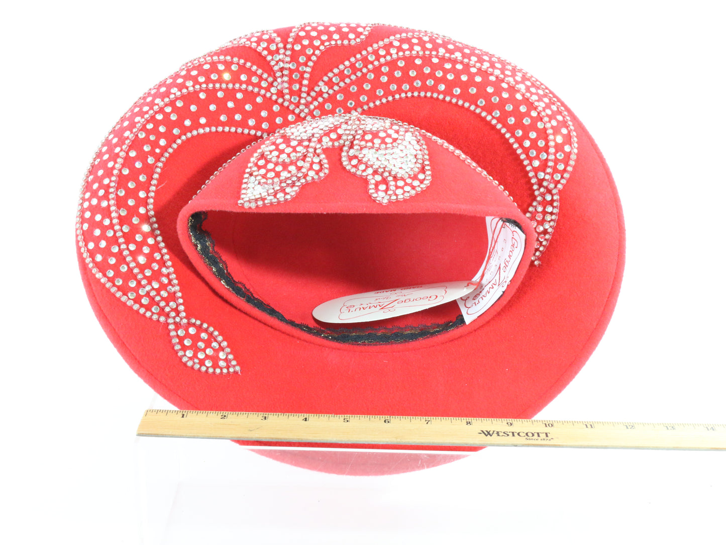 George Zamaul Couture Ladies Red Felt Boutique Hat W/ Rhinestones 7 1/8 57cm