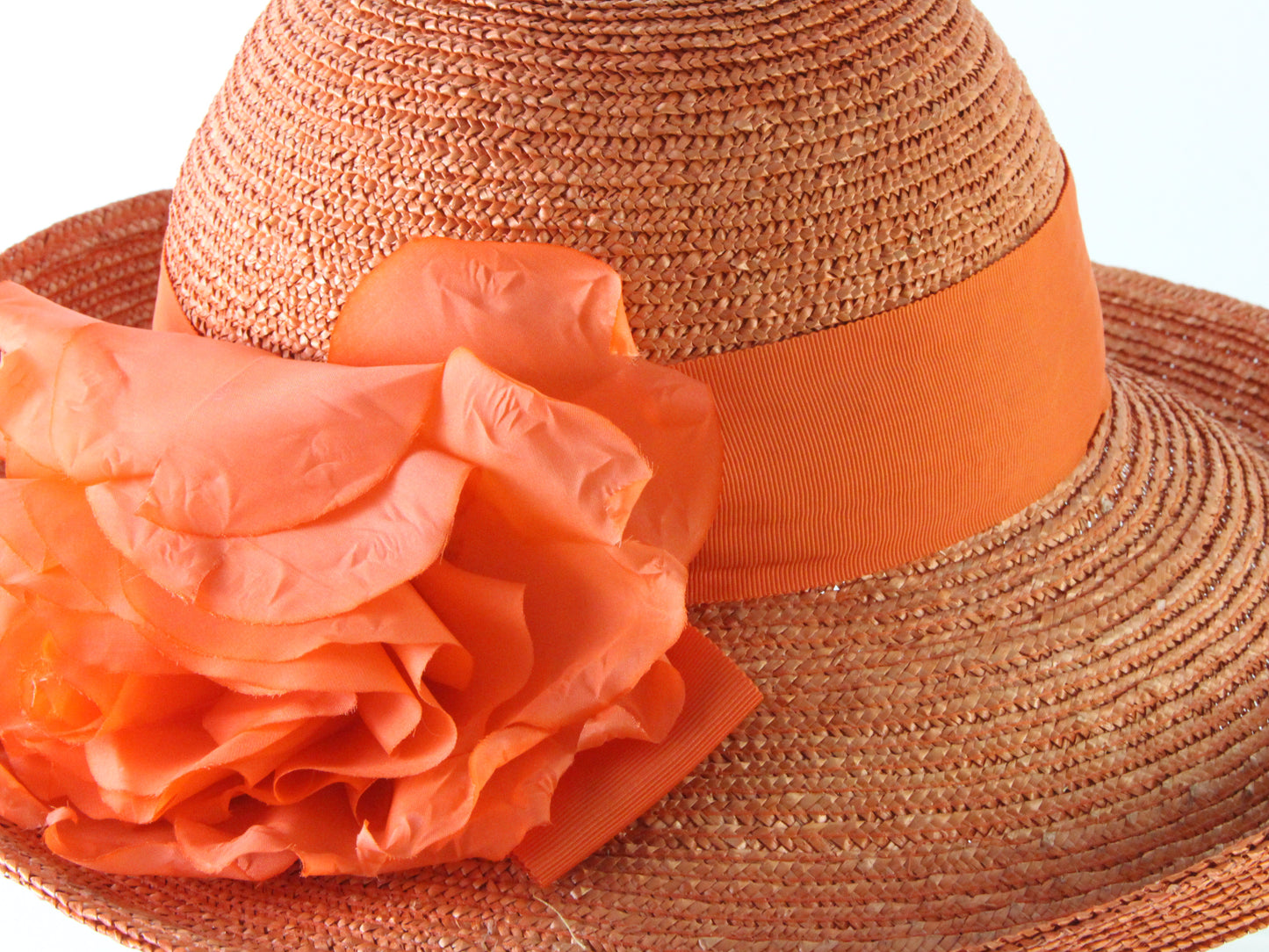 Frank Olive Private Collection Ladies Orange Straw Hat W/ Flower 7 56cm