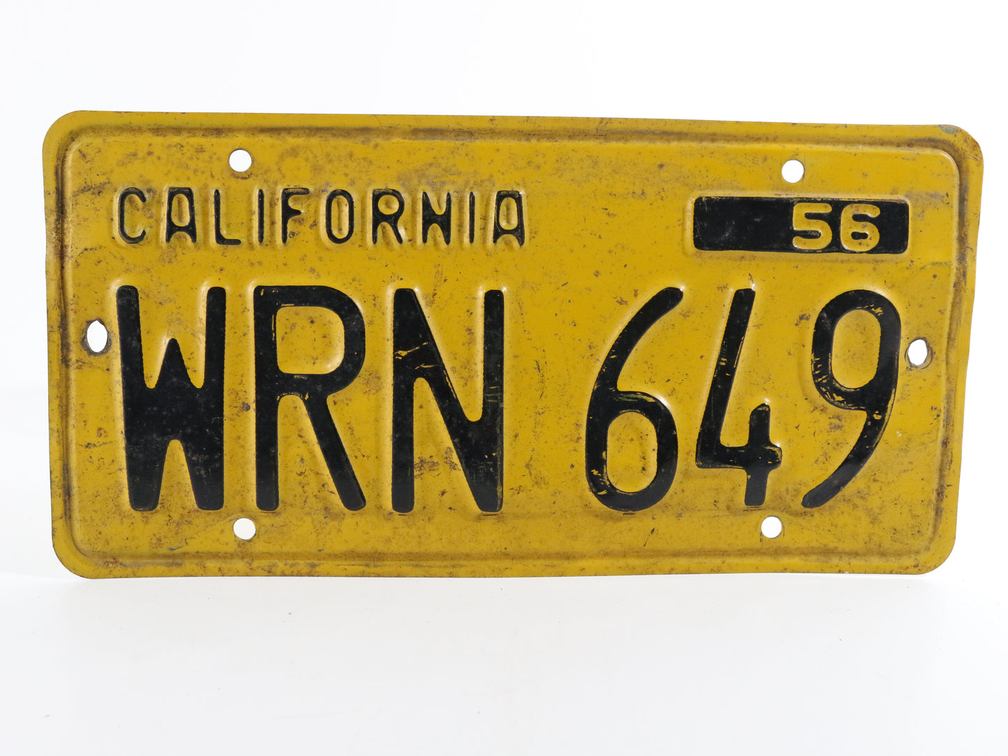 1956 California Vintage License Plate WRN649 Original Yellow/Black