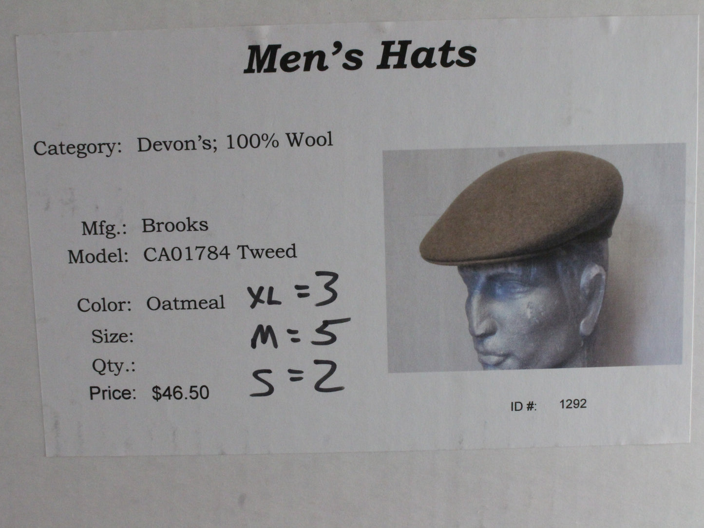 Brooks Mens Tan Wool Tweed Felt Devon Hat Newsboy Dress Hat MULTIPLE SIZES