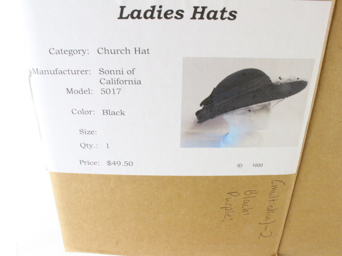 Sonni Of California Ladies Black Wool Felt Hat W/ Black Ribbon 6 7/8 55cm