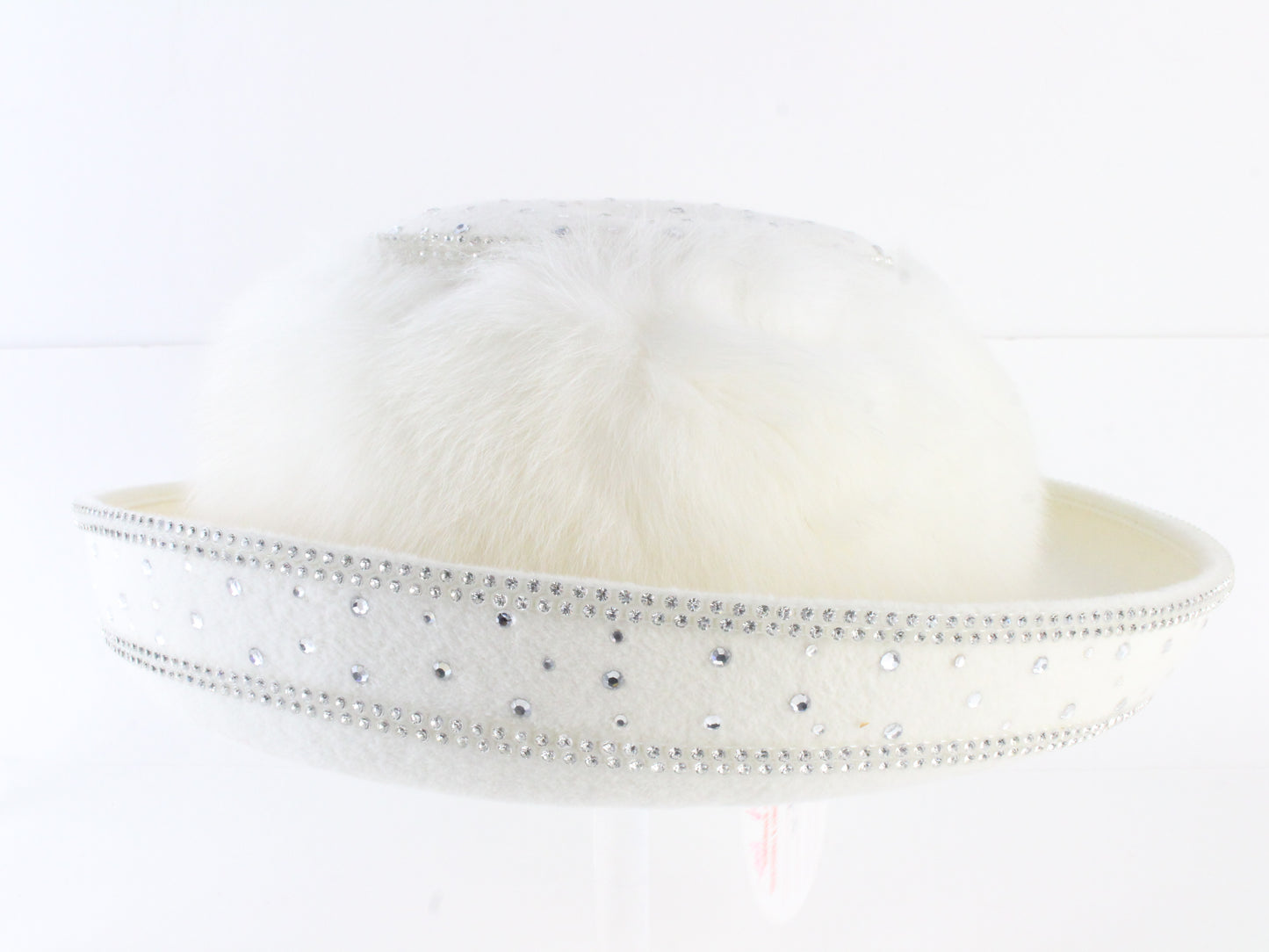 George Zamaul Couture Ladies Boutique White Felt Hat W/ Rhinestones 7 56cm