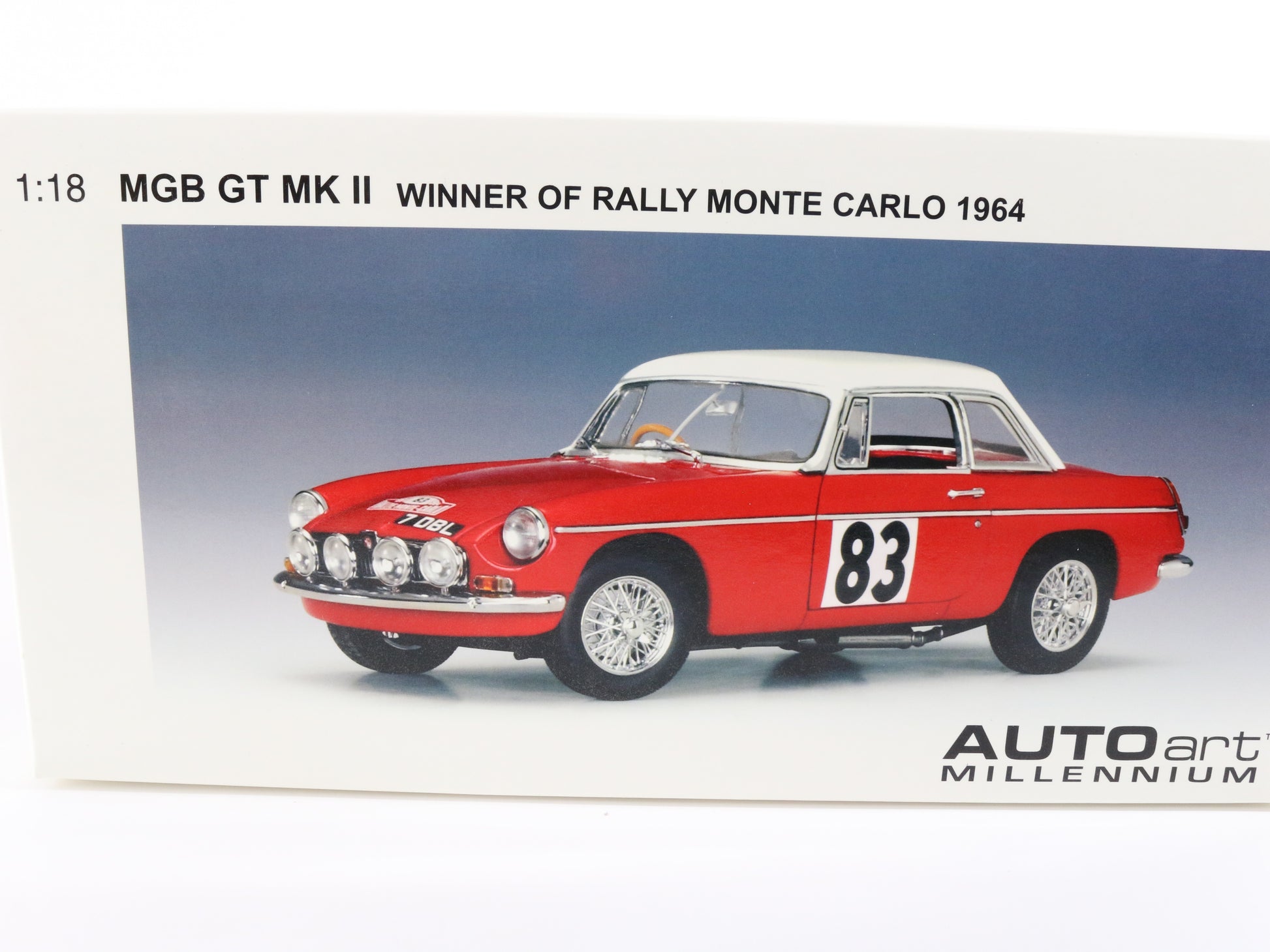 1964 MGB GT MKII Rally #83 Red Autoart Millennium 1:18 Model Car 86481, AUTOART 1:18, High End Diecast, Scale Model, Detailed Model Car, Vintage AutoArt, Auto Art Scale