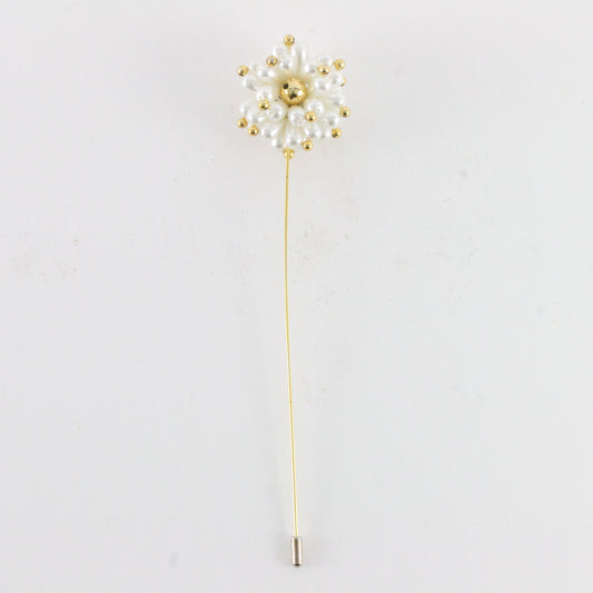 White & Gold Flower Type Vintage Hair Hat Stick Pin Metal 7.5"