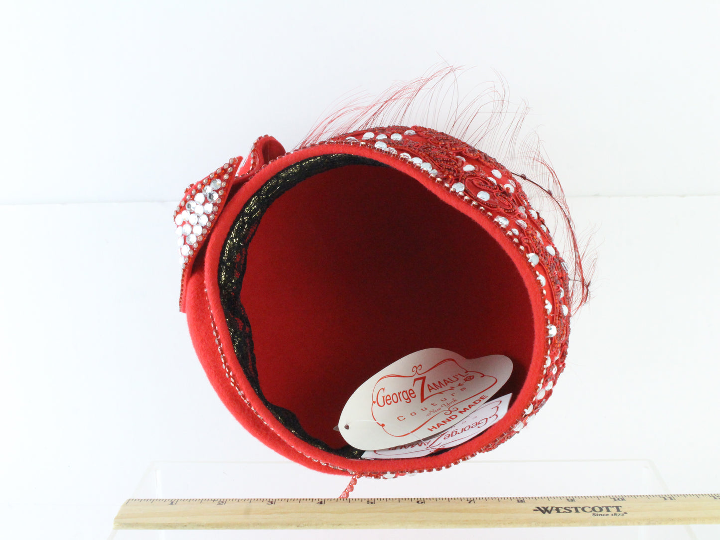 George Zamaul Ladies Boutique Red Felt Hat W/ Rhinestones 6 7/8 55cm