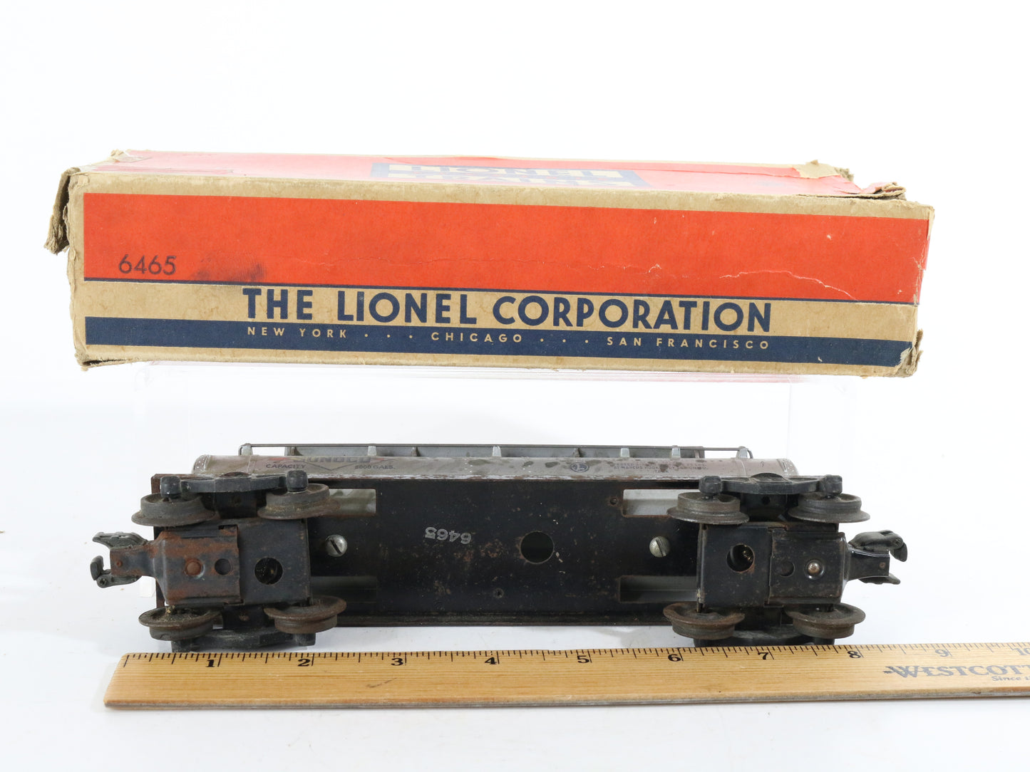 Lionel O Postwar 6465 Sunoco Silver Twin Dome Tank Car W/ Box