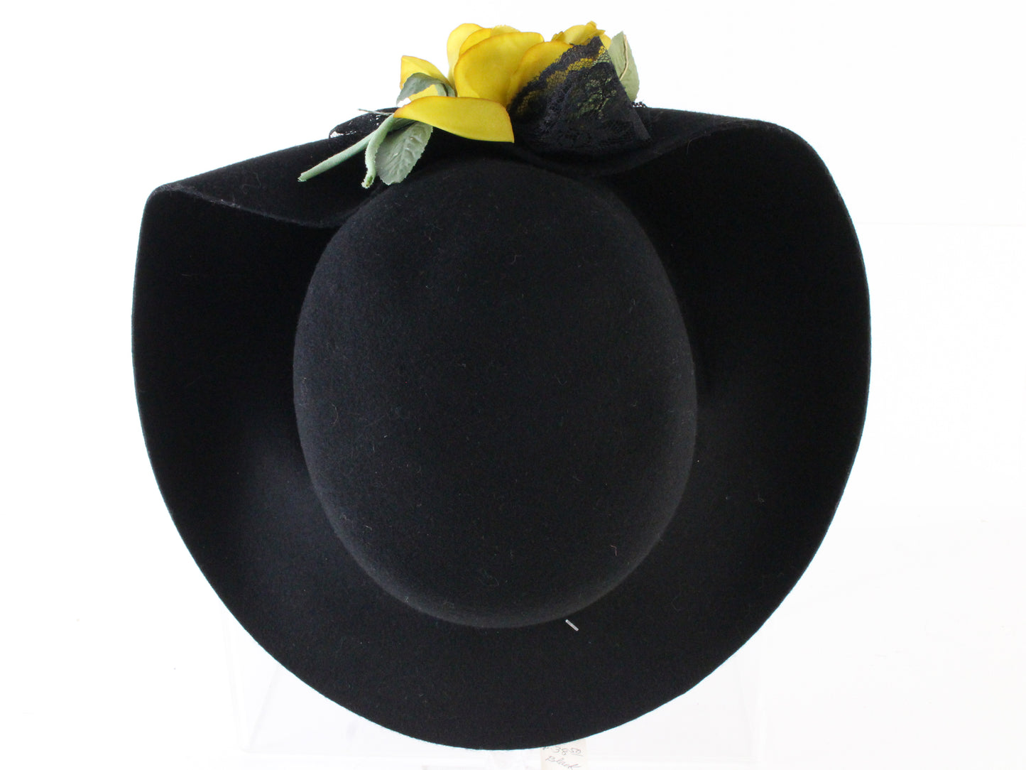 Miss Bierner Ladies Elegant Black Wool Felt Hat W/ Yellow Flower 7 1/4 58cm