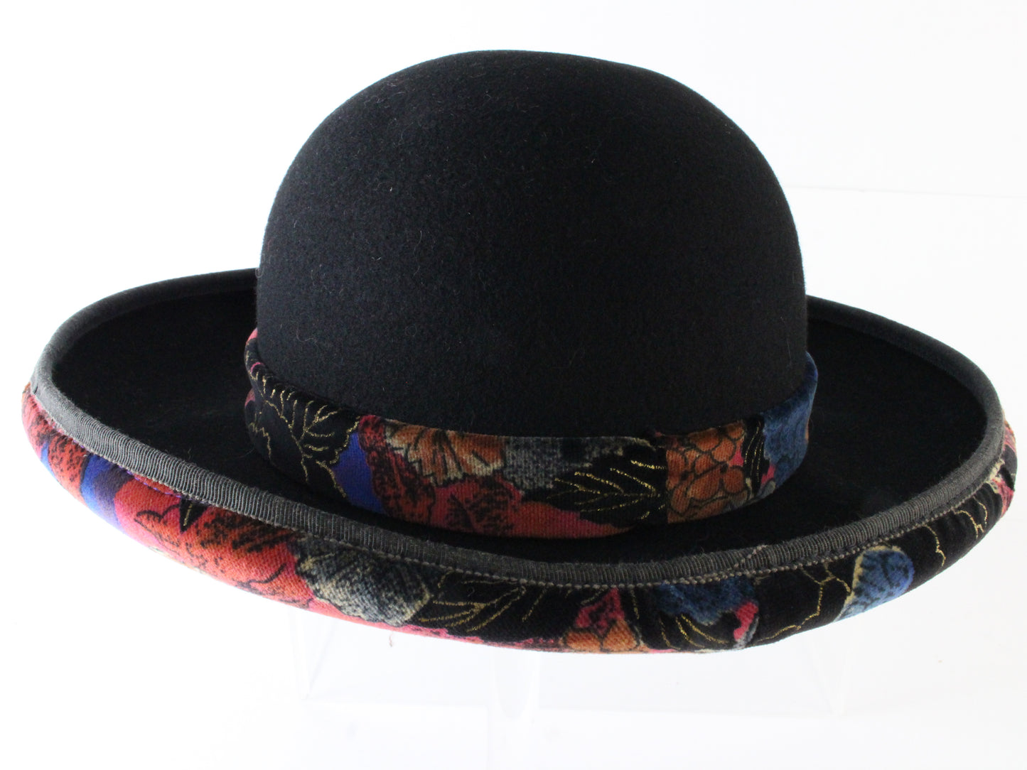 Adolfo II Ladies Elegant Black Wool Felt Hat W/ Floral Pattern 7 56cm