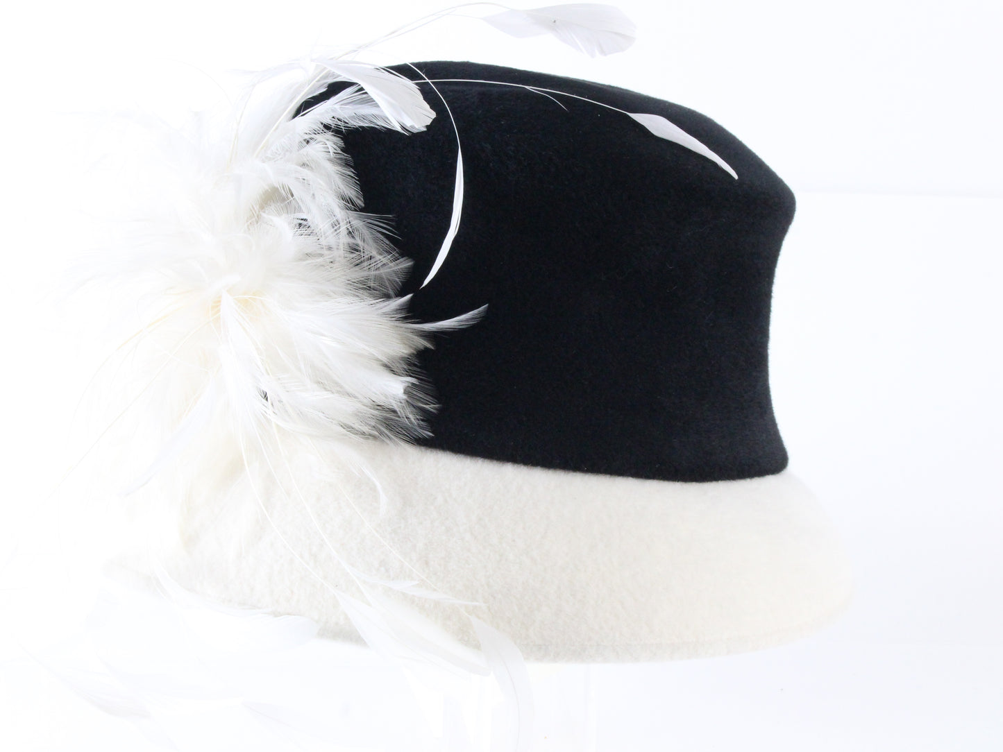 Peter Bettley Ladies Black and White Rabbit Fur Felt Hat W/ Feathers 7 1/8 57cm