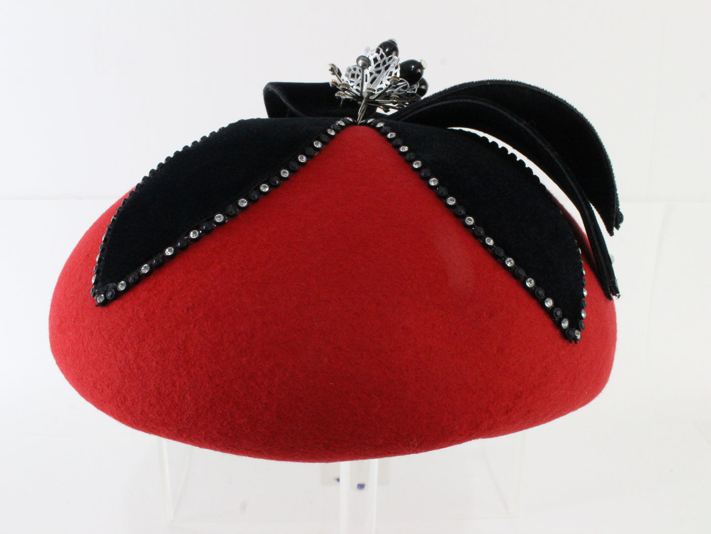 Tim Crawford Red & Black Ladies Boutique Couture Hat Felt 7 1/8 57cm