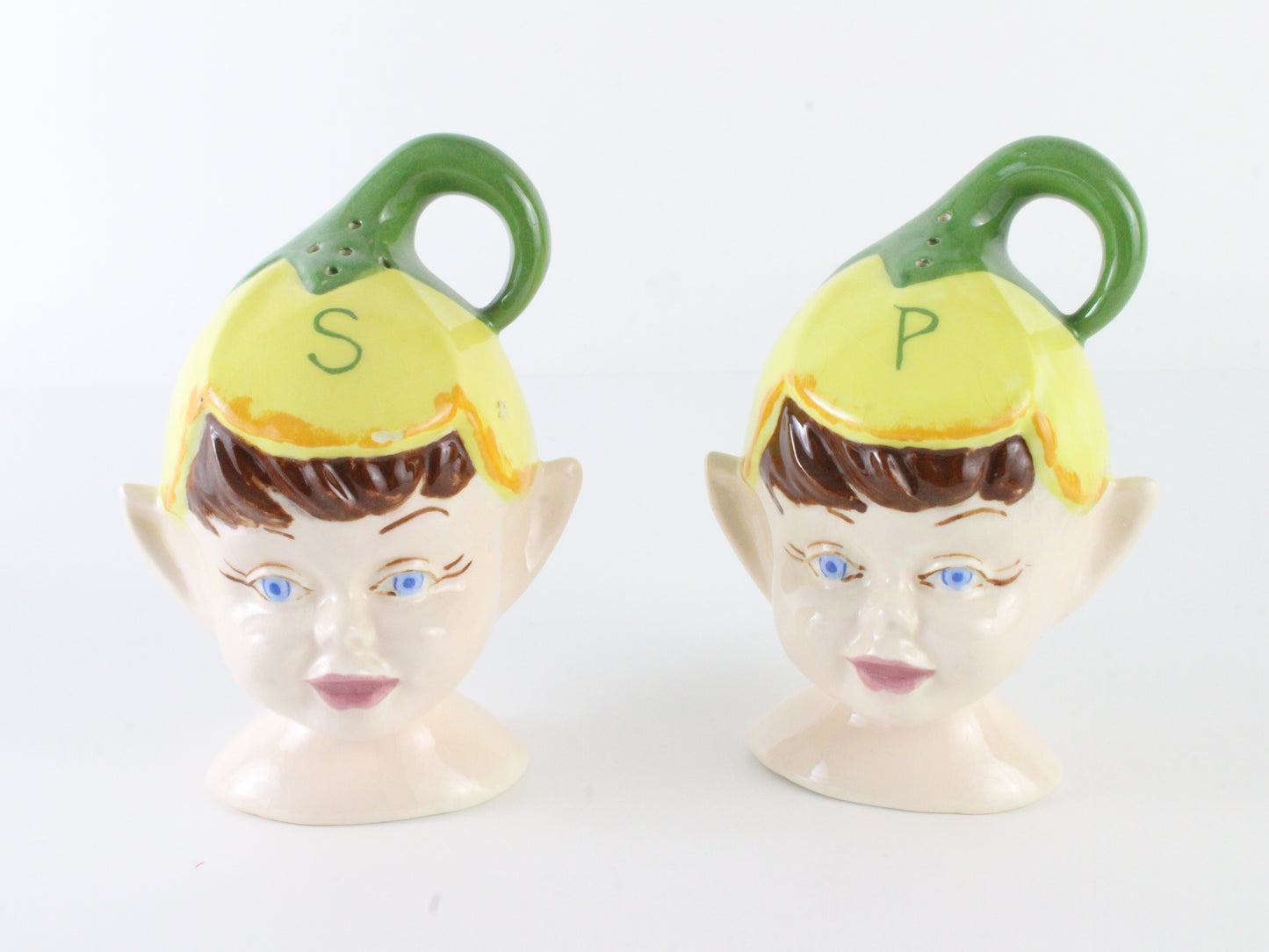 Vintage Pixie With Flower Hat Ceramic Salt & Pepper Shakers Hr Ceramics 5 In