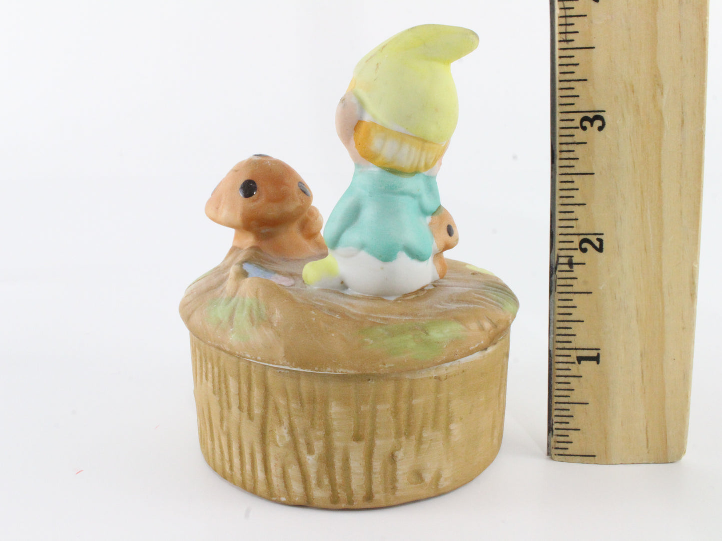 Vintage Pixie In Blue W/ Yellow Hat w/ Mushrooms Ceramic Box Homco Taiwan 3.5 In