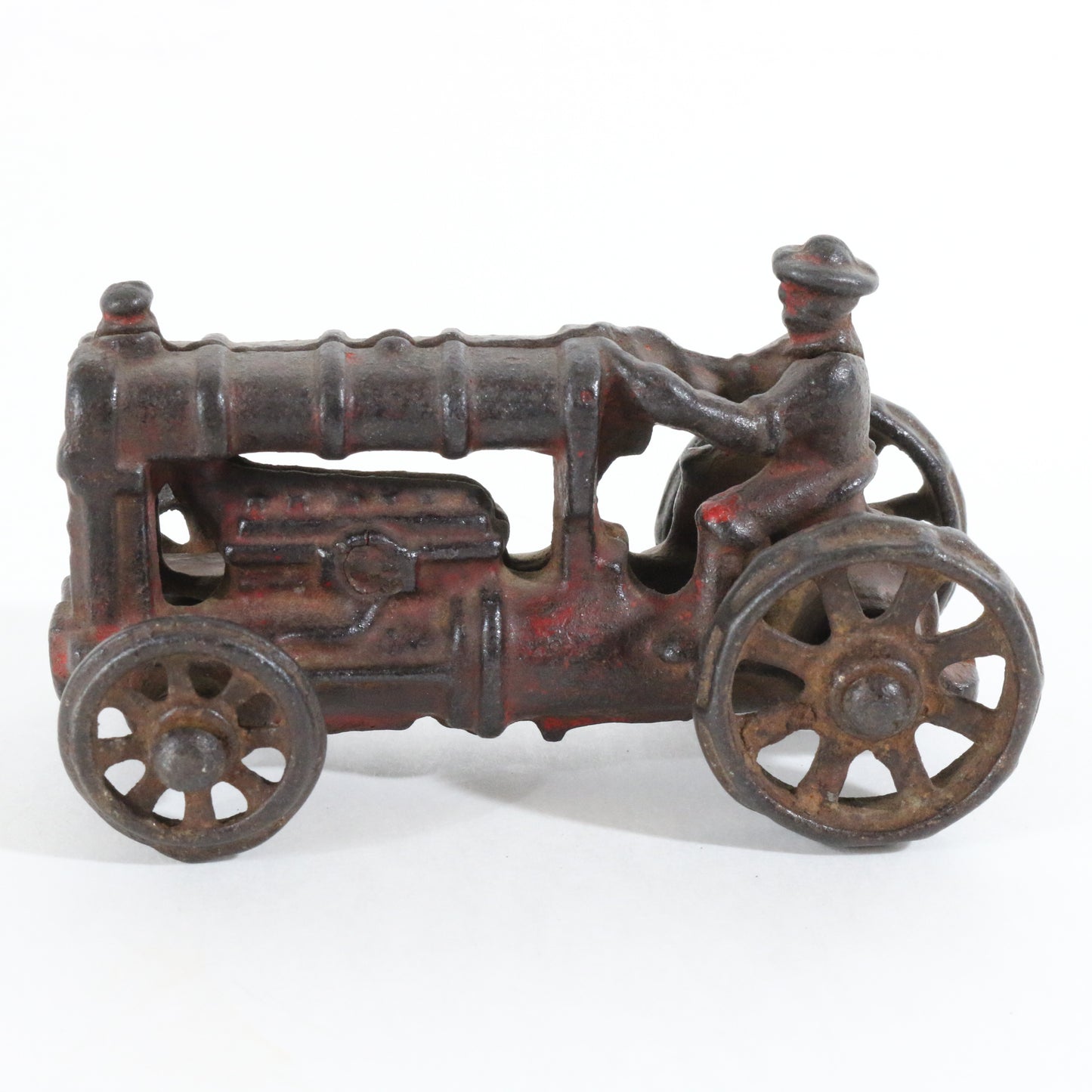 Vintage Red & Brown Cast Iron Tractor Farm Model Hubley 3.5"