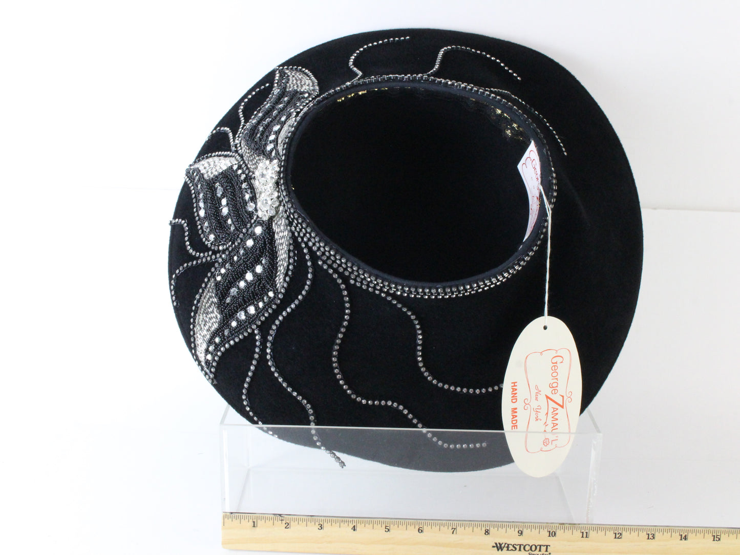 George Zamau'l Couture Ladies Boutique Black Felt Hat W/ Rhinestones 7 56cm