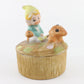 Vintage Pixie In Blue W/ Yellow Hat w/ Mushrooms Ceramic Box Homco Taiwan 3.5 In