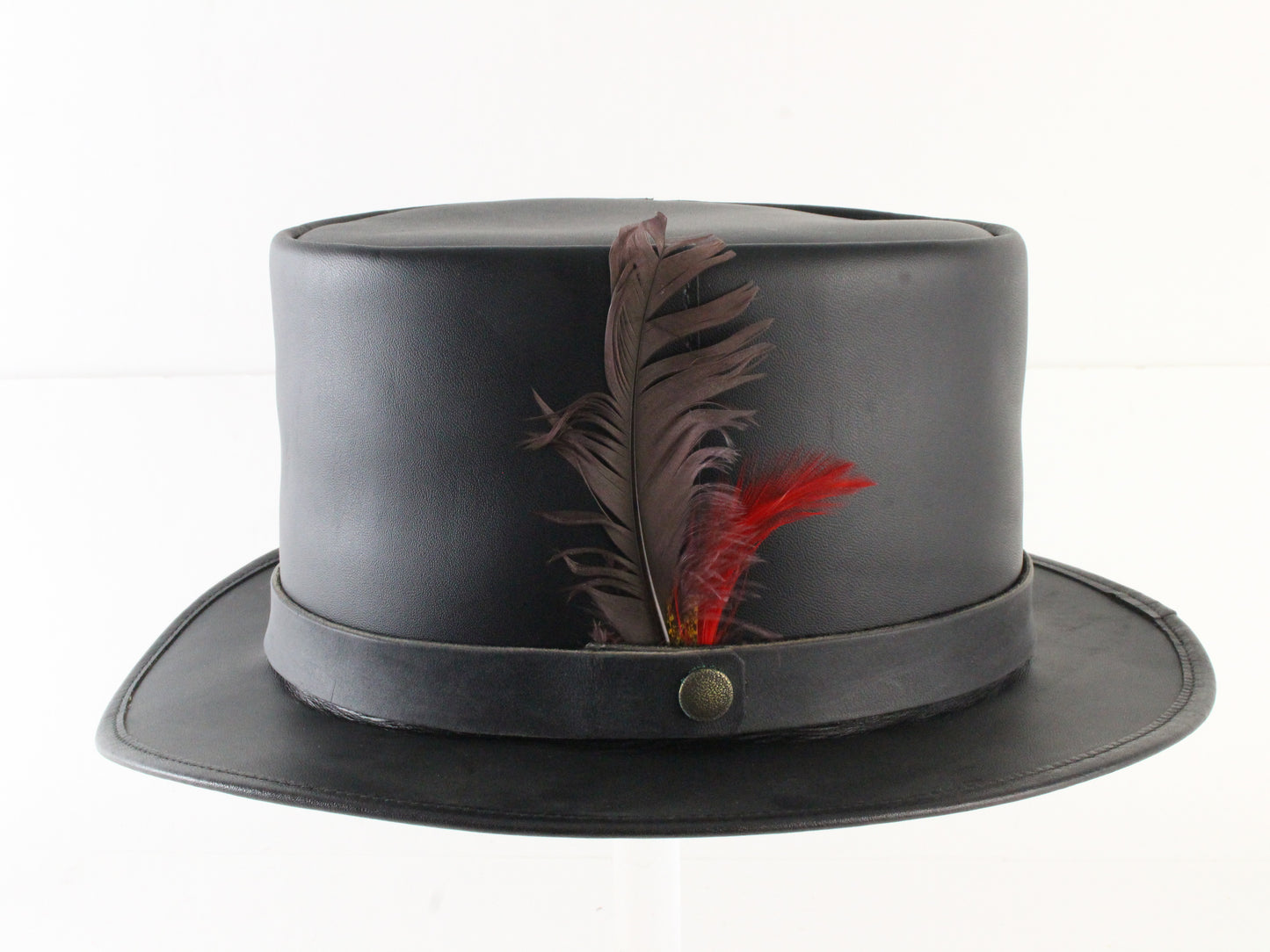 Winfield Cover Co Mens Vintage Black Leather Top Hat W/ Feathers M