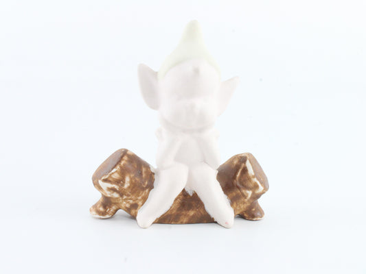 Vintage Custom Painted Ceramic Pixie Sitting On Log 3 In